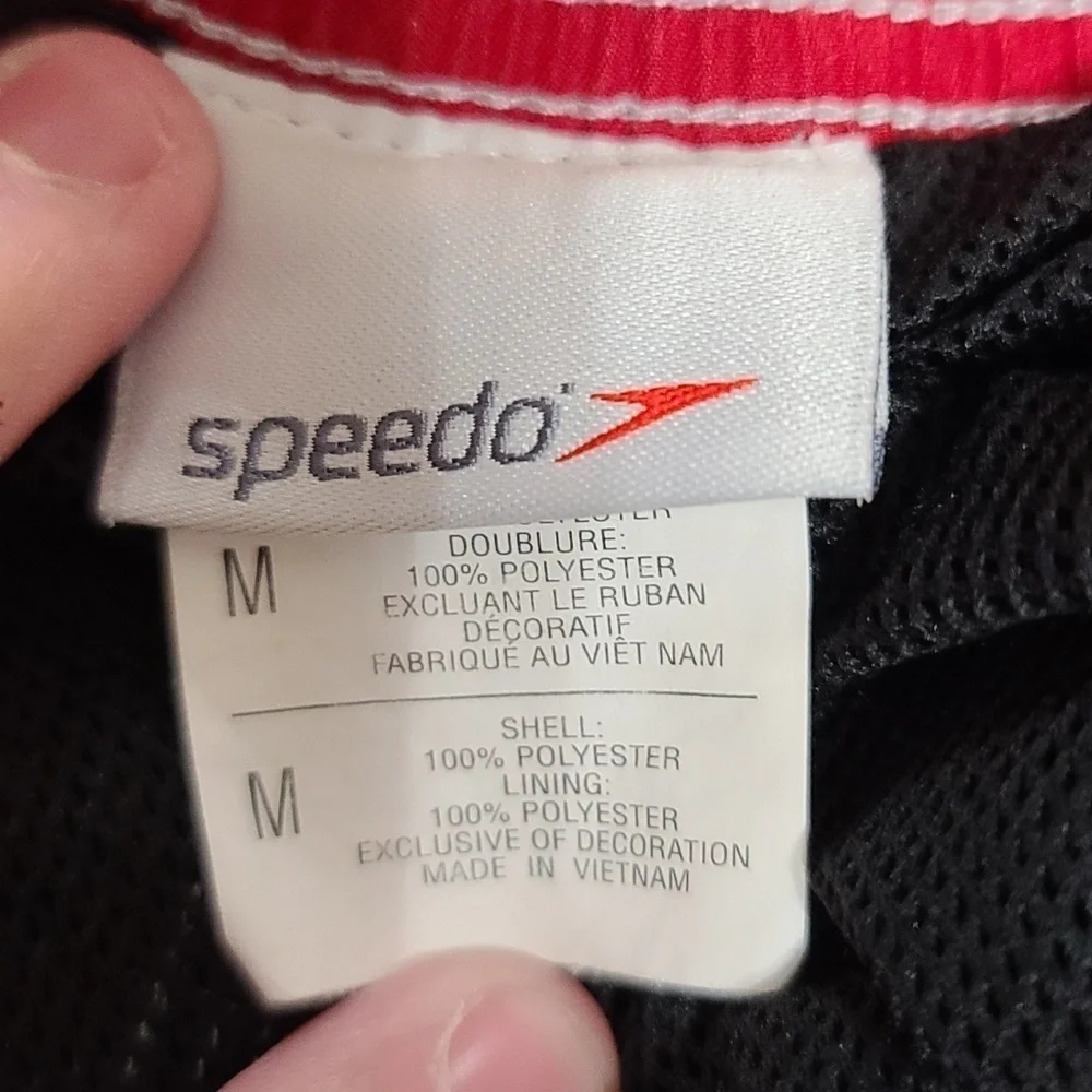 Speedo Mens Swim Trunks Blk/Gray/Red/White Hook&Loop Ties Pockets Size‎ M GUC